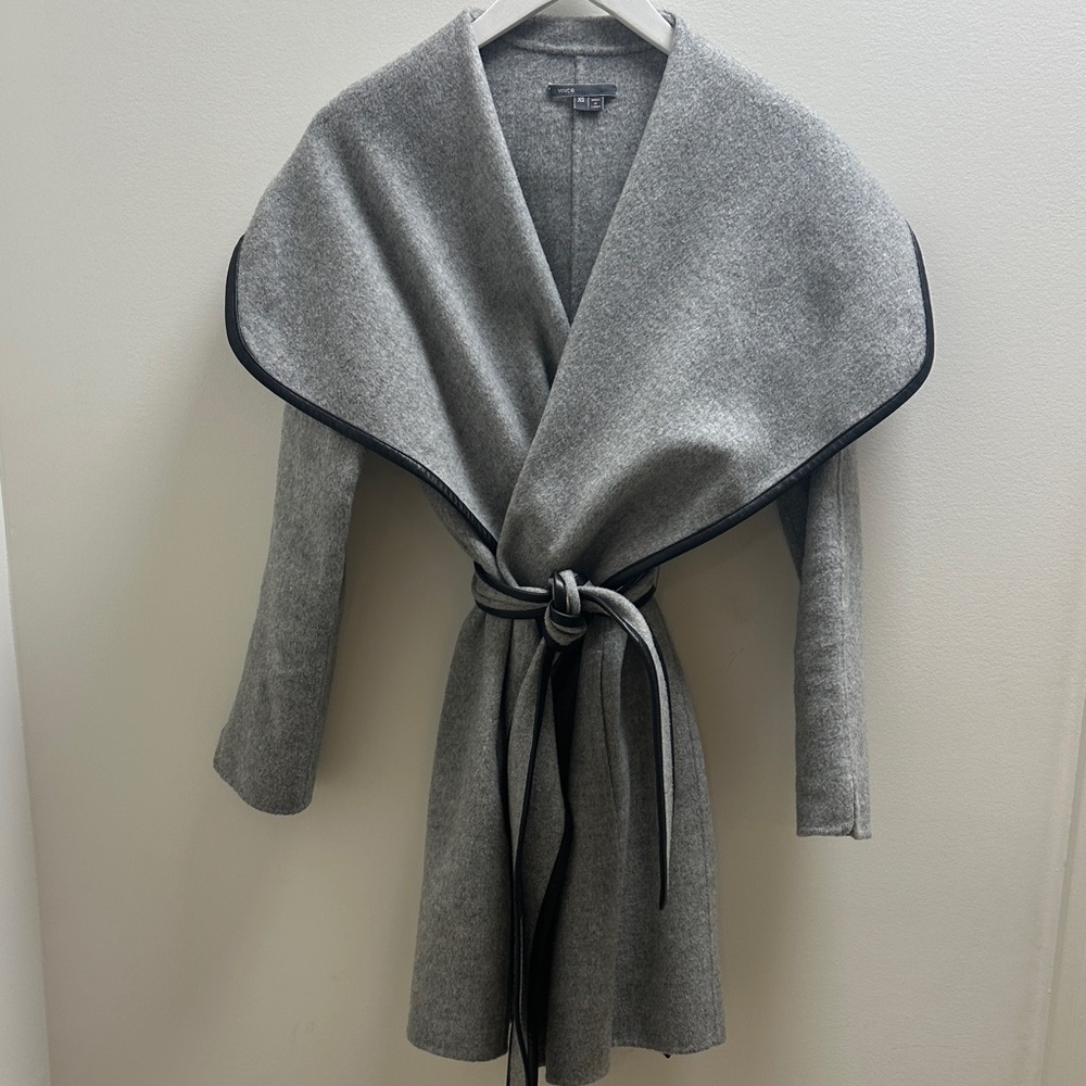 Vince Heather Gray Wrap Jacket with Black Leather Trim